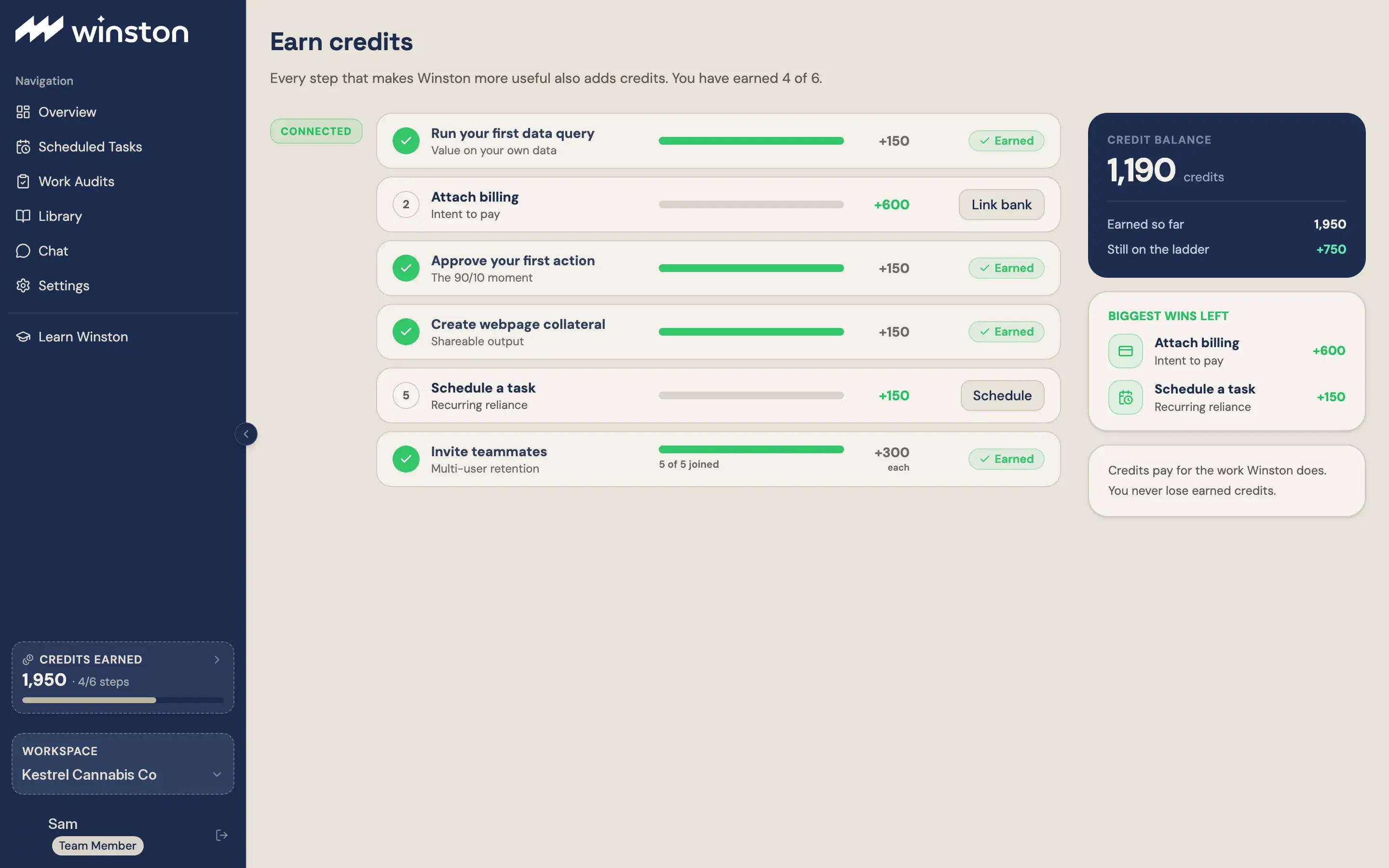 The Earn credits page, showing the credit balance and the steps that earn more