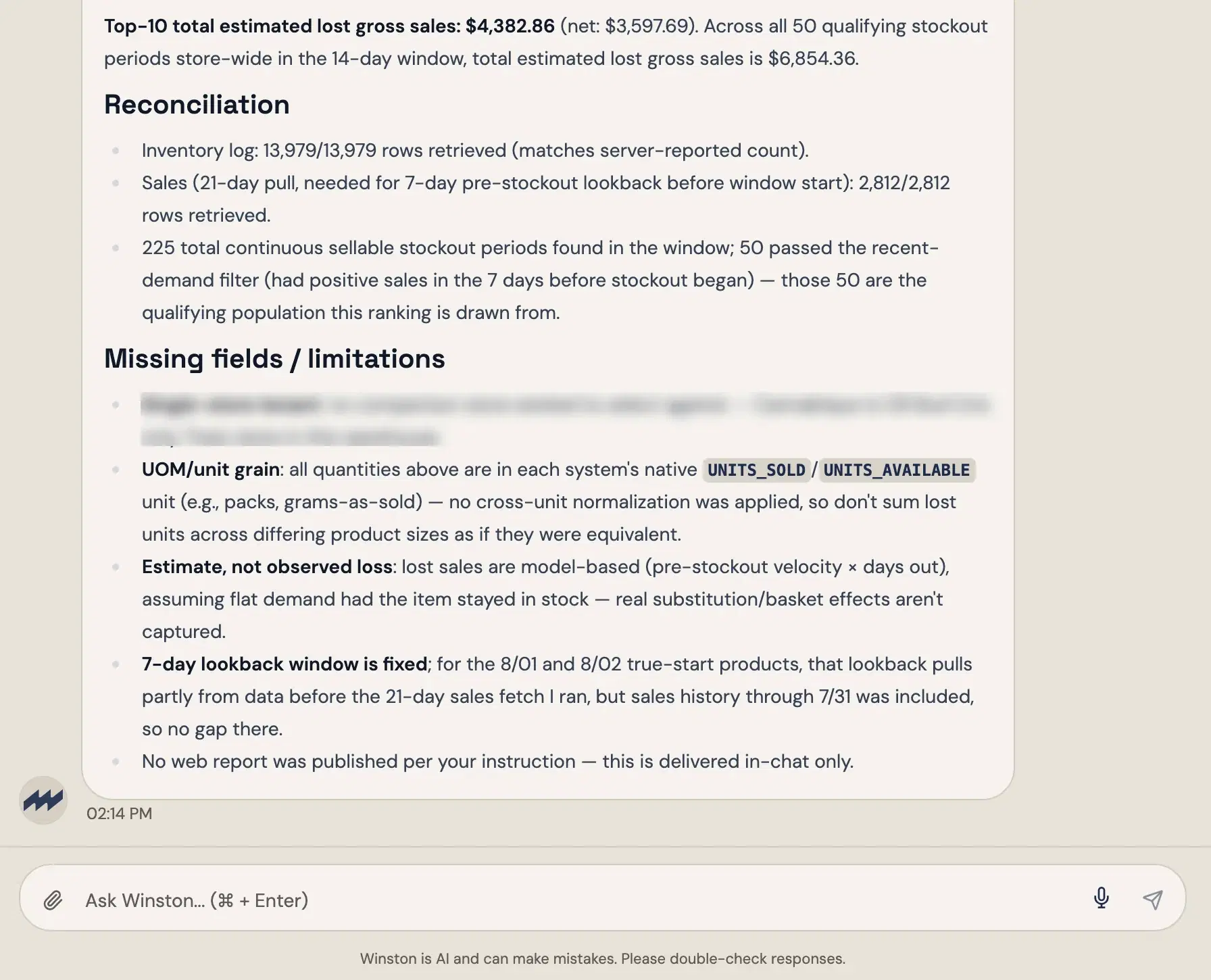 A chat answer showing its Reconciliation and Missing fields / limitations sections