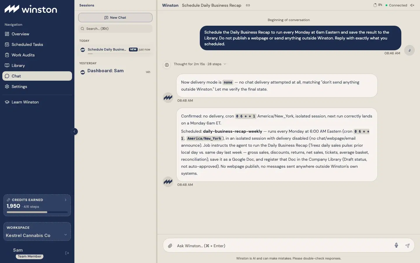 Chat layout: sessions list, conversation, Ask Winston box