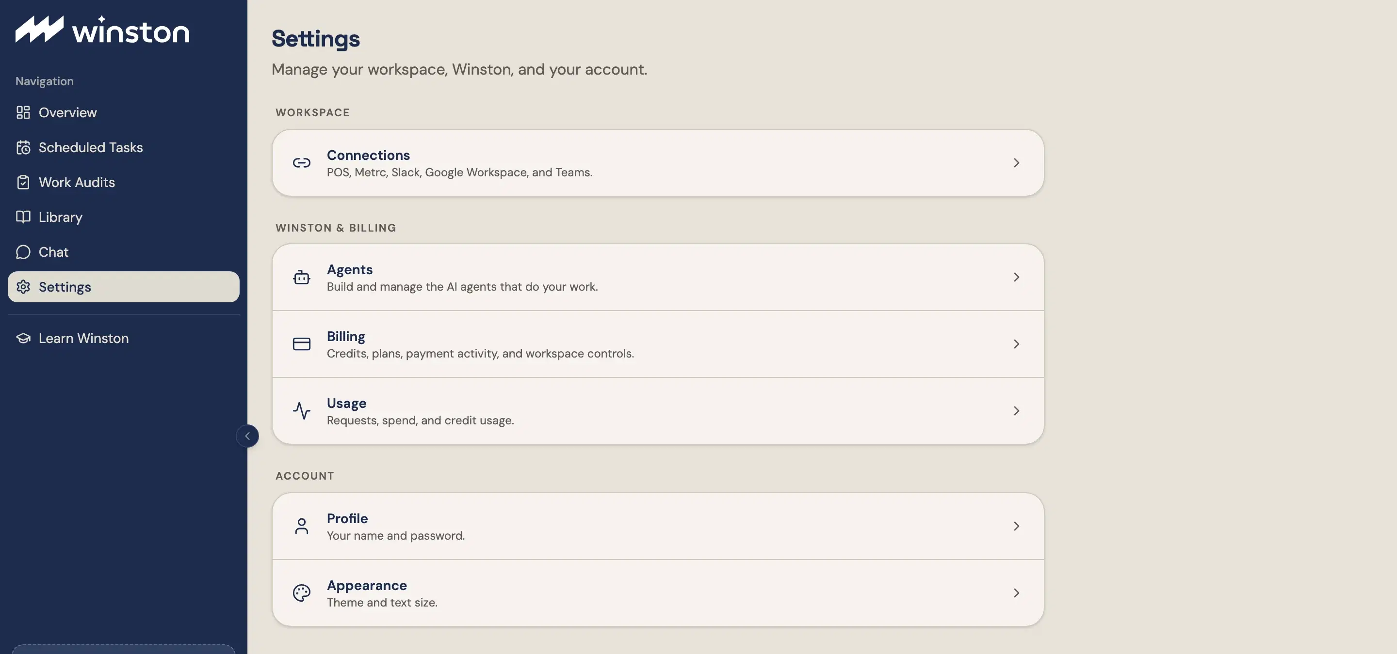 The Settings screen listing Connections, Agents, Billing, Usage, Profile, and Appearance