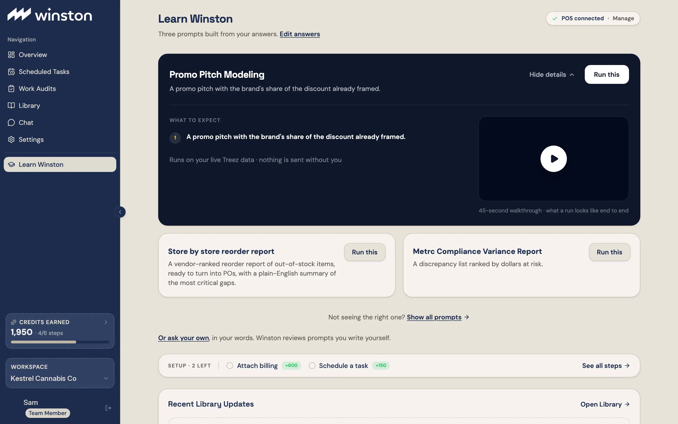 Learn Winston page with three prompt cards, each with a Run this button