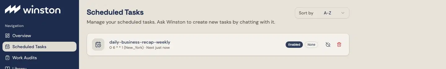 A job card on the Scheduled Tasks screen with an Enabled pill, a delivery pill, and pause and delete icons