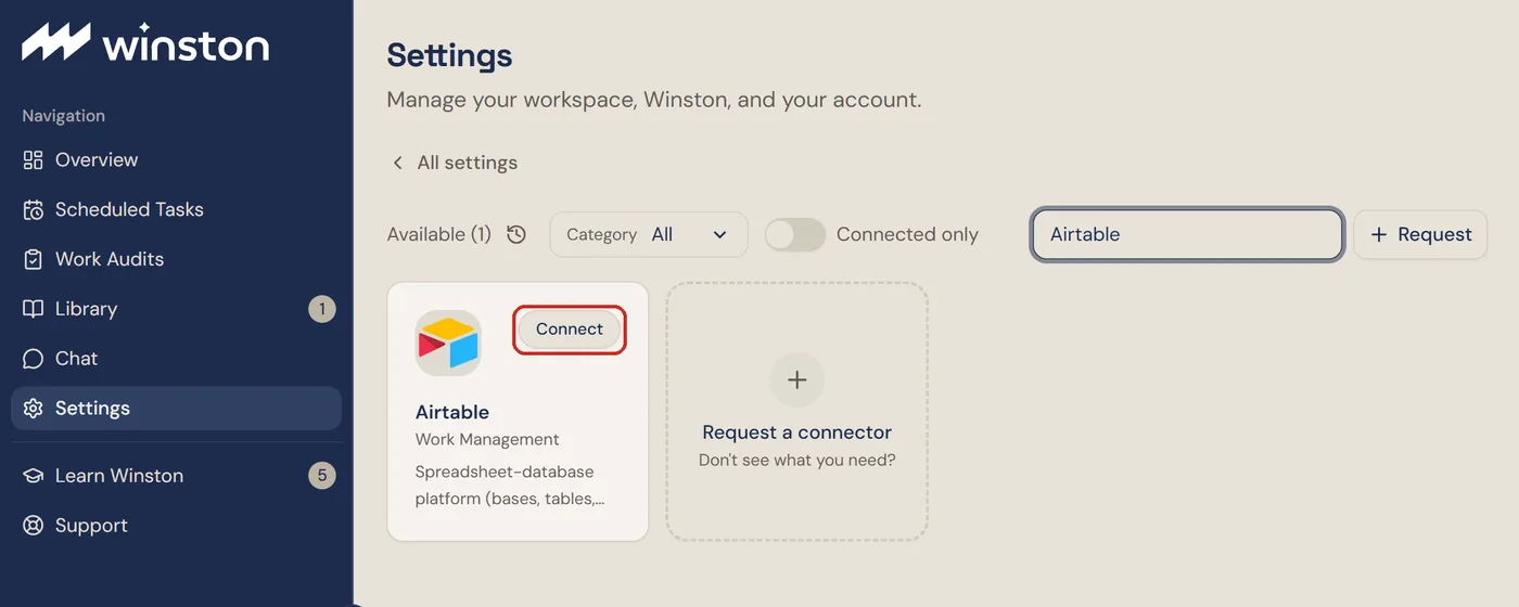 The Connections screen in Winston searched for Airtable, with the Airtable card's Connect button outlined
