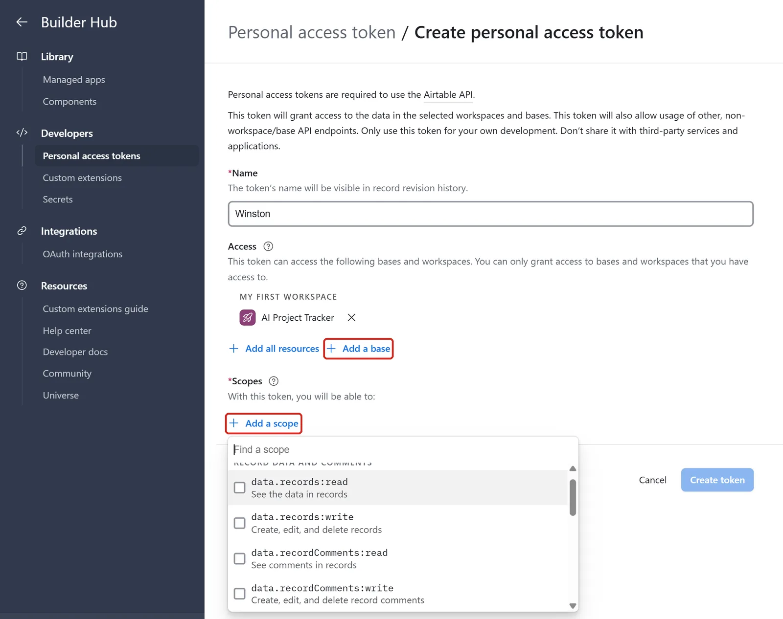 Airtable's Create personal access token form with the name Winston and one base under Access, Add a base and Add a scope outlined, and the scope list open at data.records:read