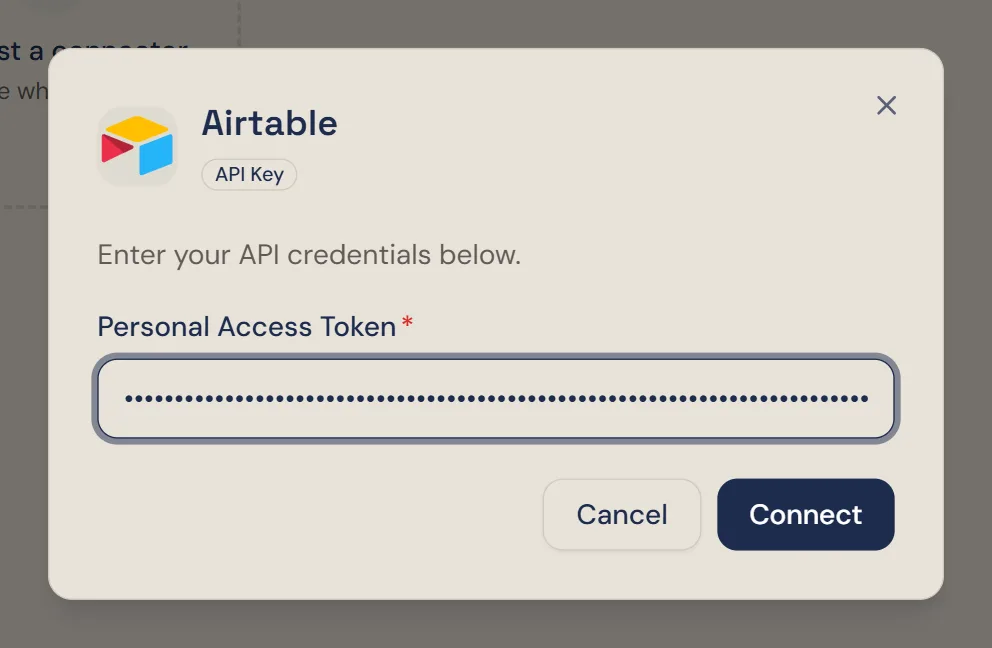 Winston's Airtable dialog with the personal access token pasted in and shown as dots, and Cancel and Connect buttons