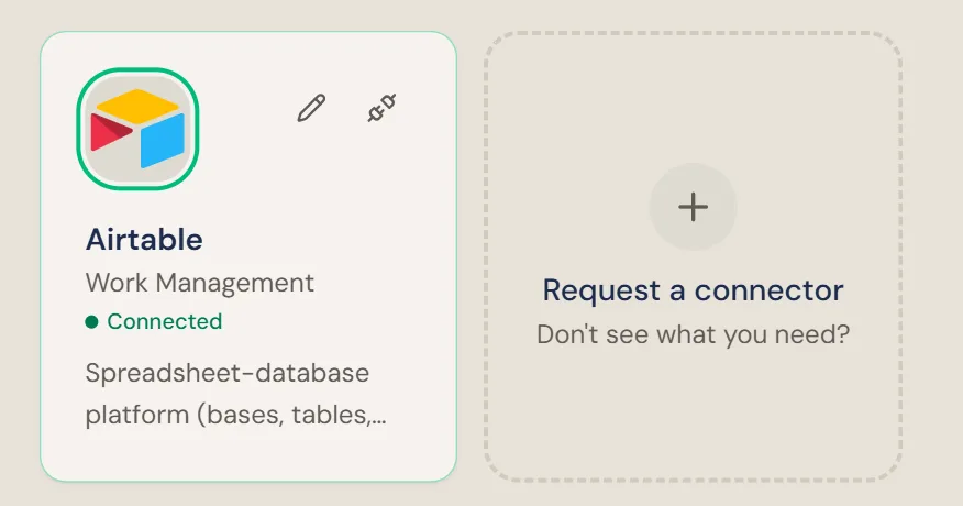 The Airtable card on the Connections screen with a green Connected badge and edit and disconnect icons