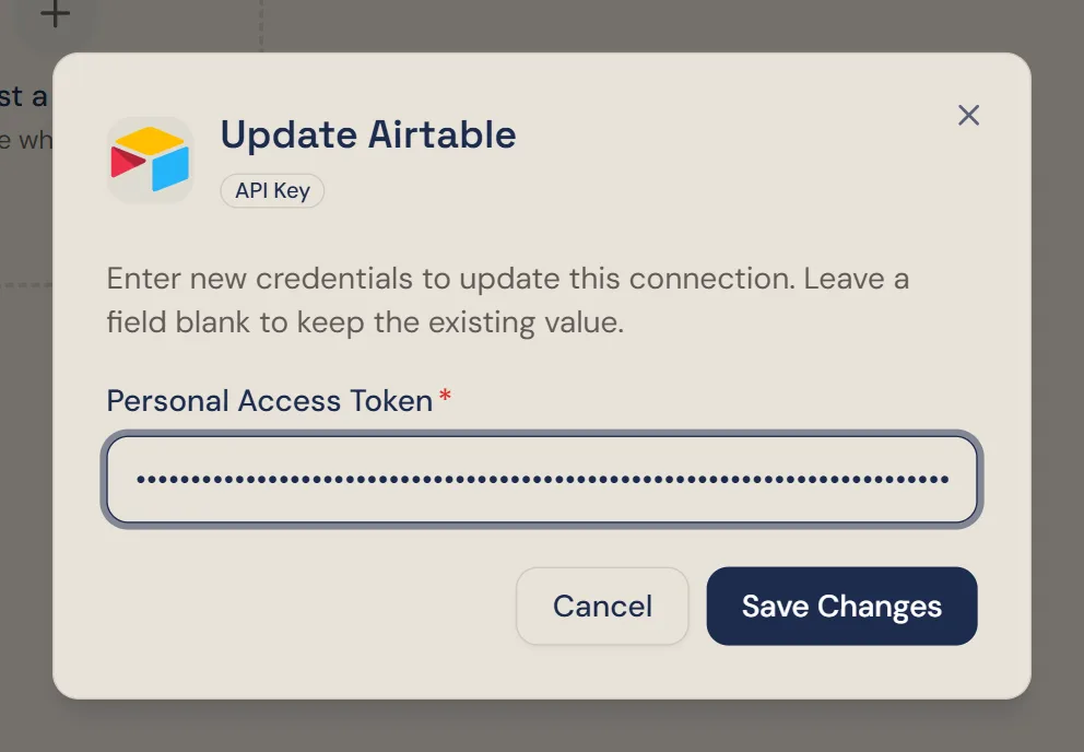 Winston's Update Airtable dialog, explaining that a blank field keeps the existing value, with the Personal Access Token field showing (unchanged) and a Save Changes button