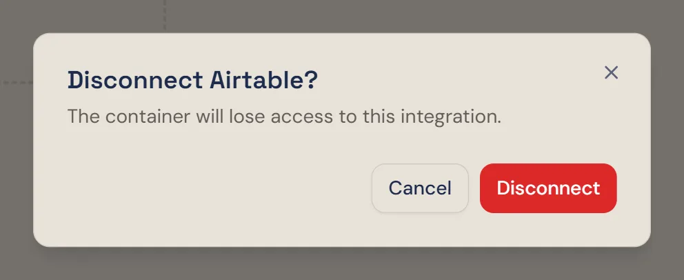 The confirmation dialog titled Disconnect Airtable?, with Cancel and Disconnect buttons