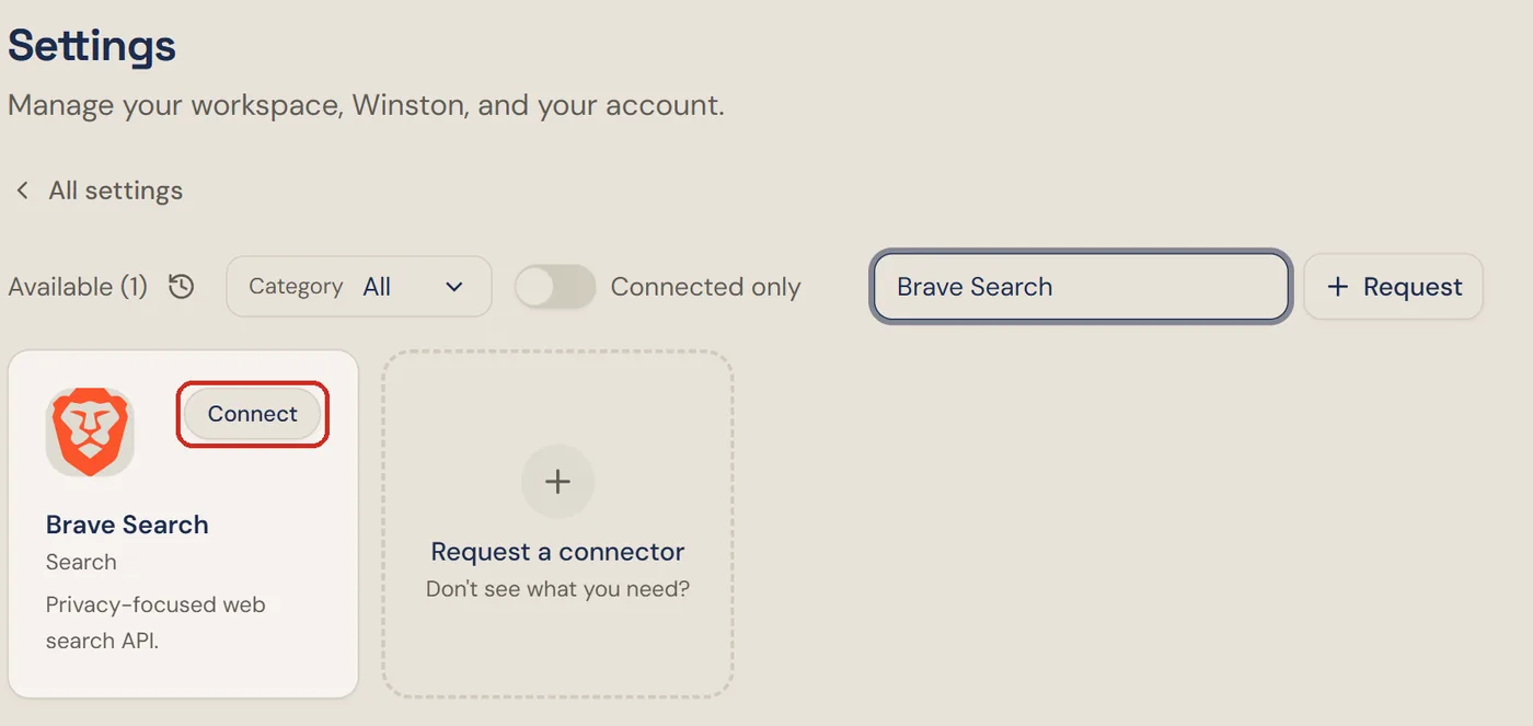 The Connections screen in Winston searched for Brave Search, with the Brave Search card's Connect button outlined