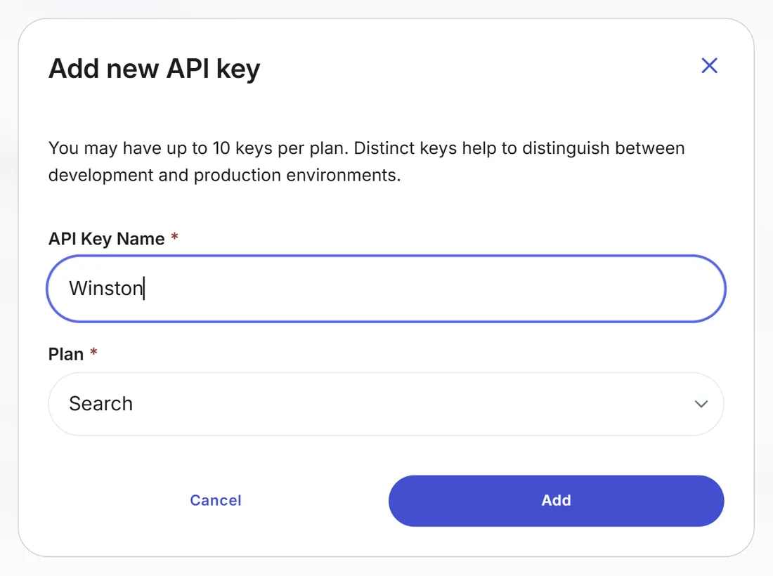Brave's Add new API key dialog with the API Key Name Winston, the plan Search, and Cancel and Add buttons