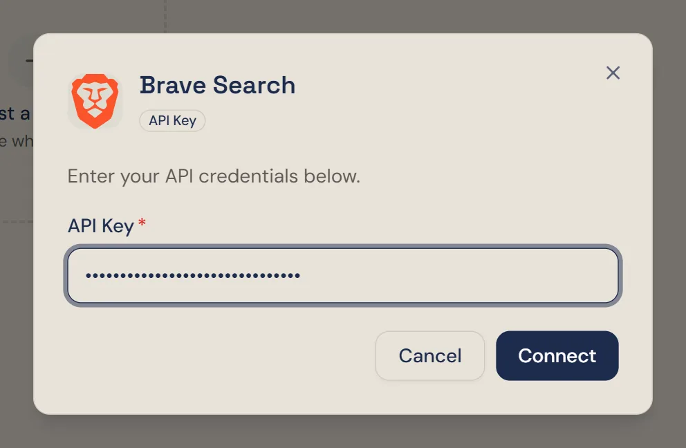 Winston's Brave Search dialog with the API key pasted in and shown as dots, and Cancel and Connect buttons