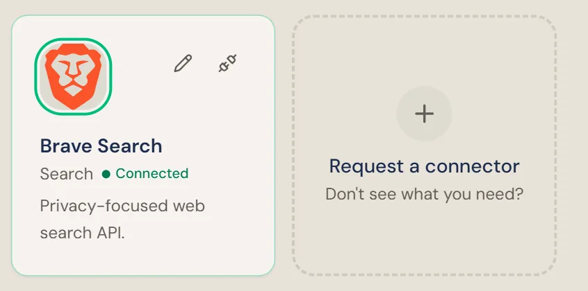 The Brave Search card on the Connections screen with a green Connected badge and edit and disconnect icons