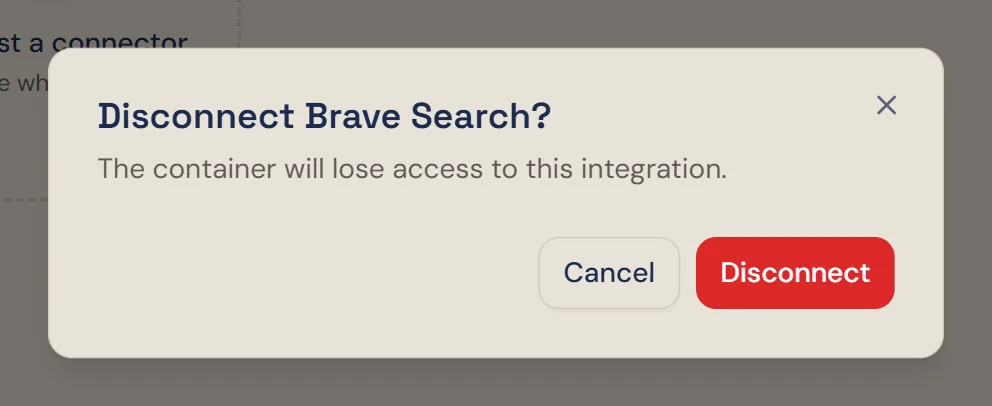 The confirmation dialog titled Disconnect Brave Search?, with Cancel and Disconnect buttons