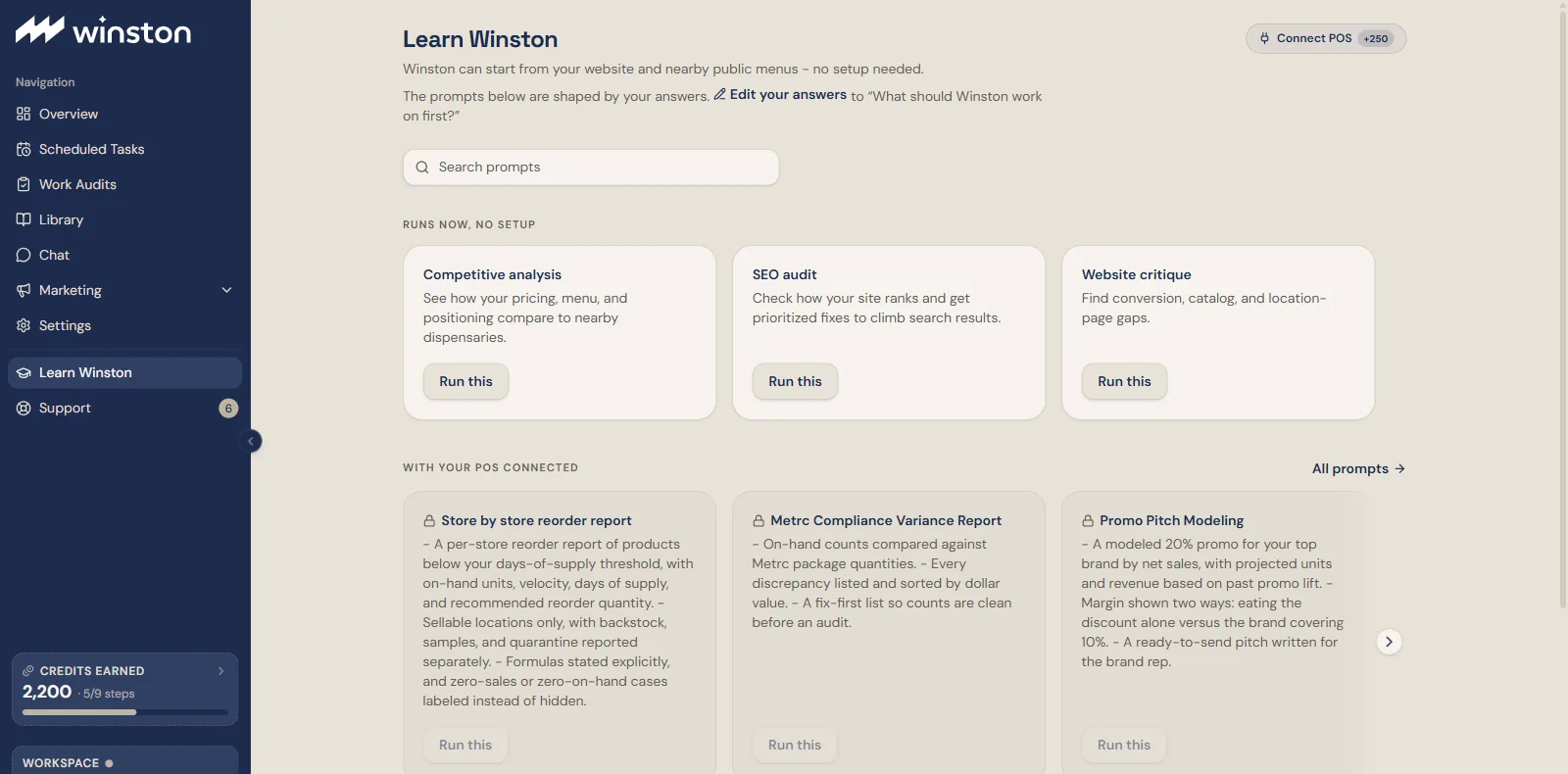 Learn Winston: three prompts built from your answers, the first expanded to show its What to expect list, with Browse all prompts top right