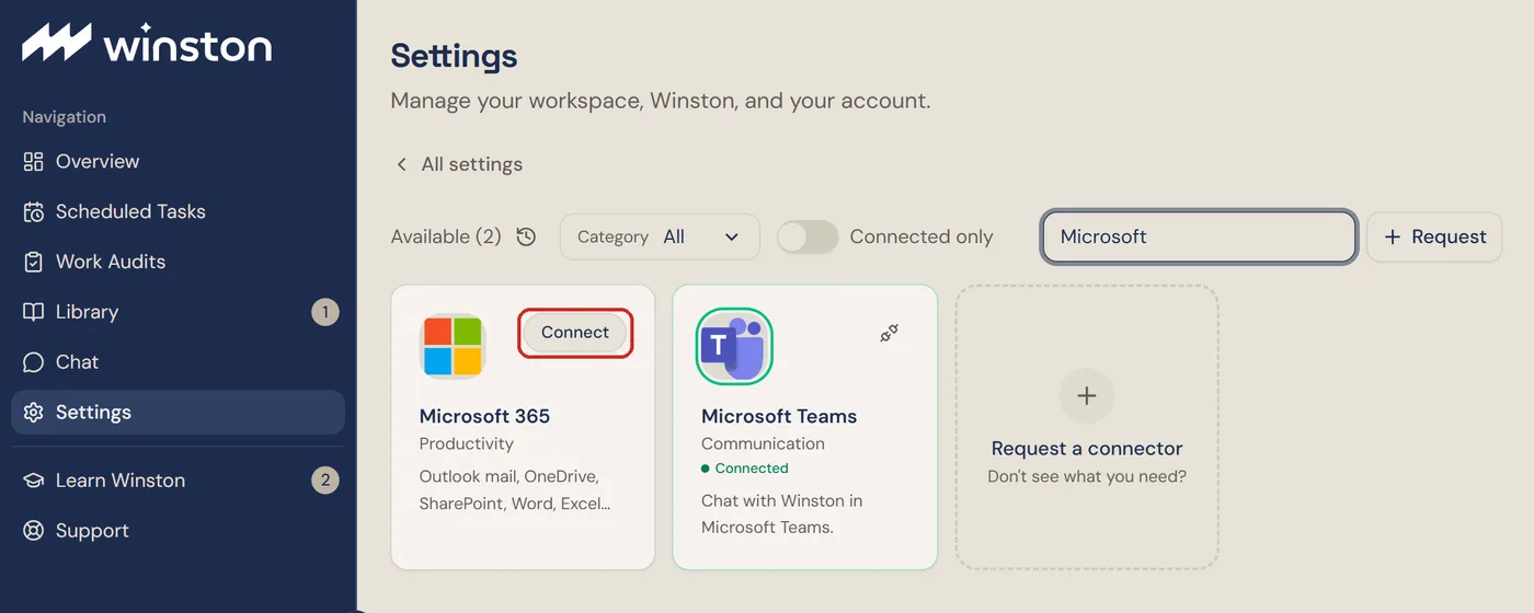 The Connections screen in Winston searched for Microsoft, with the Microsoft 365 card's Connect button outlined