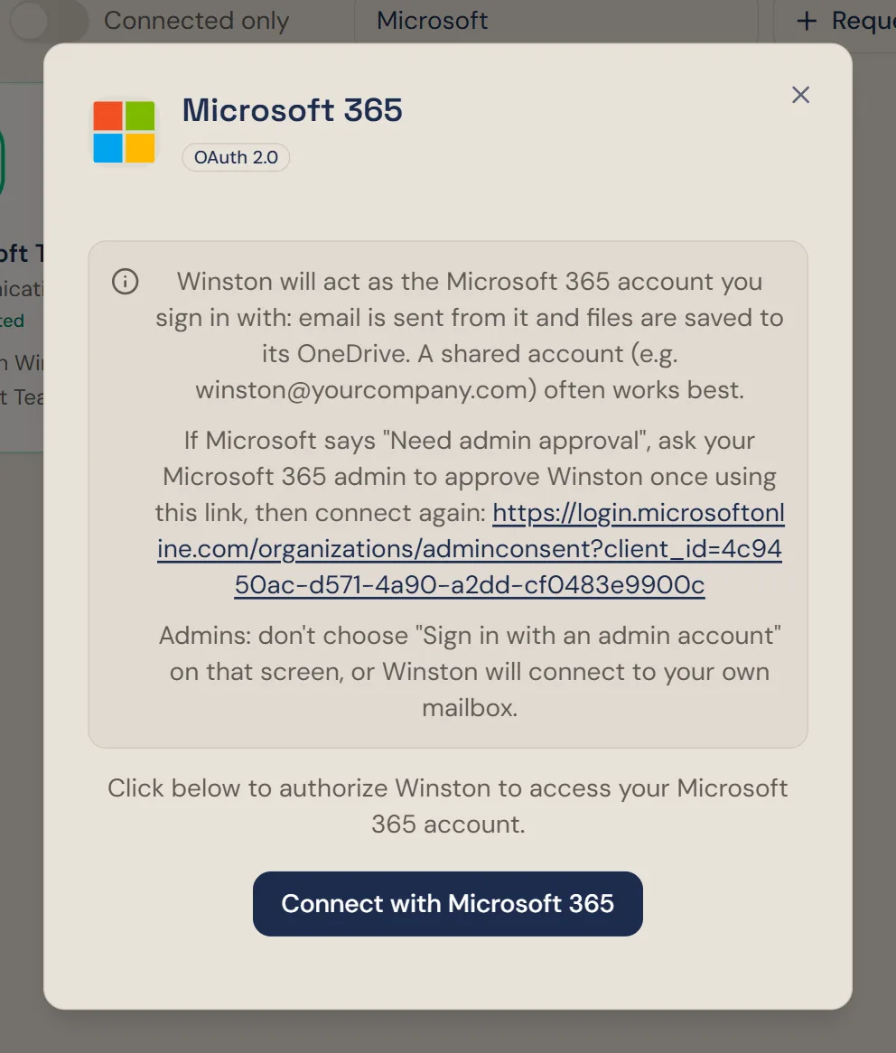 Winston's Microsoft 365 dialog, badged OAuth 2.0, explaining that Winston acts as the signed-in account, with an admin approval link and the Connect with Microsoft 365 button