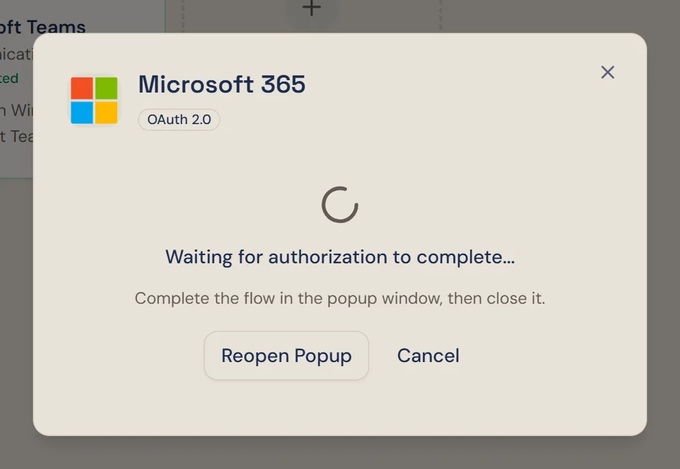 Winston's Microsoft 365 dialog showing Waiting for authorization to complete, with Reopen Popup and Cancel buttons