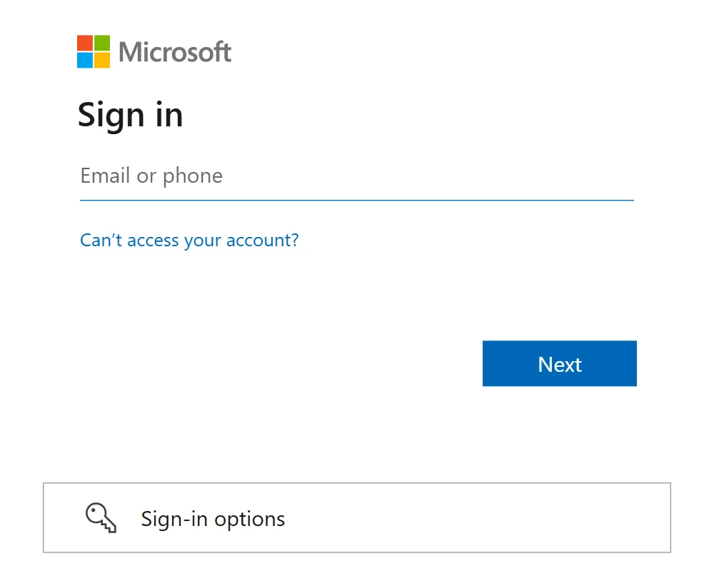 Microsoft's Sign in page with an Email or phone field, a Next button and Sign-in options
