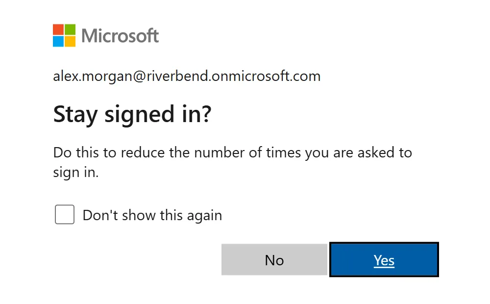Microsoft's Stay signed in? page for the account, with No and Yes buttons
