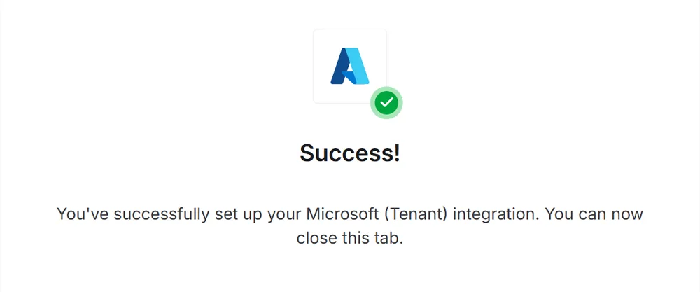 The link window reporting Success: you've successfully set up your Microsoft (Tenant) integration
