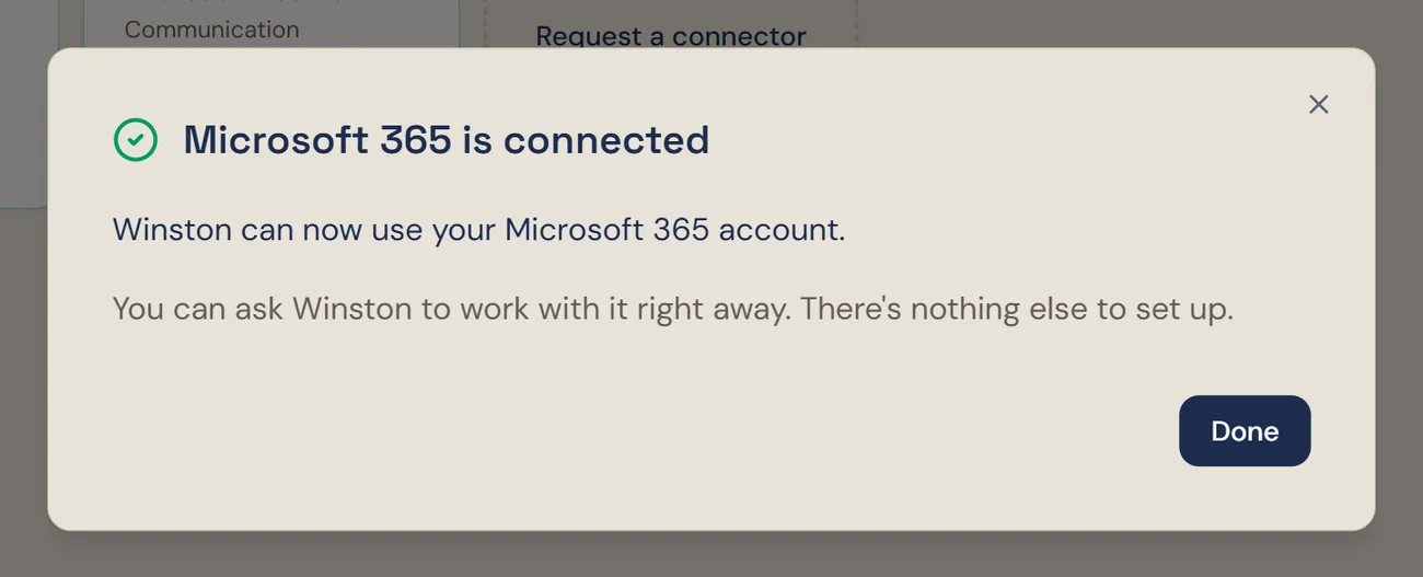Winston's dialog headed Microsoft 365 is connected, saying Winston can now use your Microsoft 365 account, with a Done button