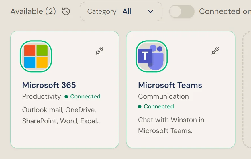 The Microsoft 365 card on the Connections screen with a green Connected badge, next to the Microsoft Teams card