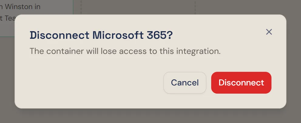 The confirmation dialog titled Disconnect Microsoft 365?, with Cancel and a red Disconnect button