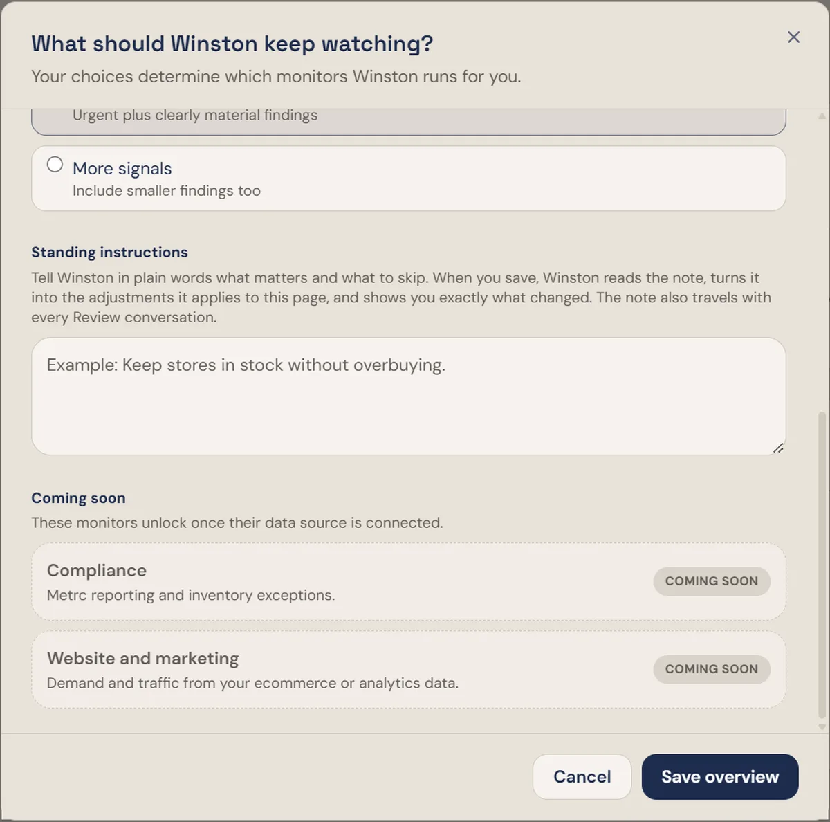 The monitoring dialog scrolled to the standing instructions box, with the Coming soon monitors listed beneath it