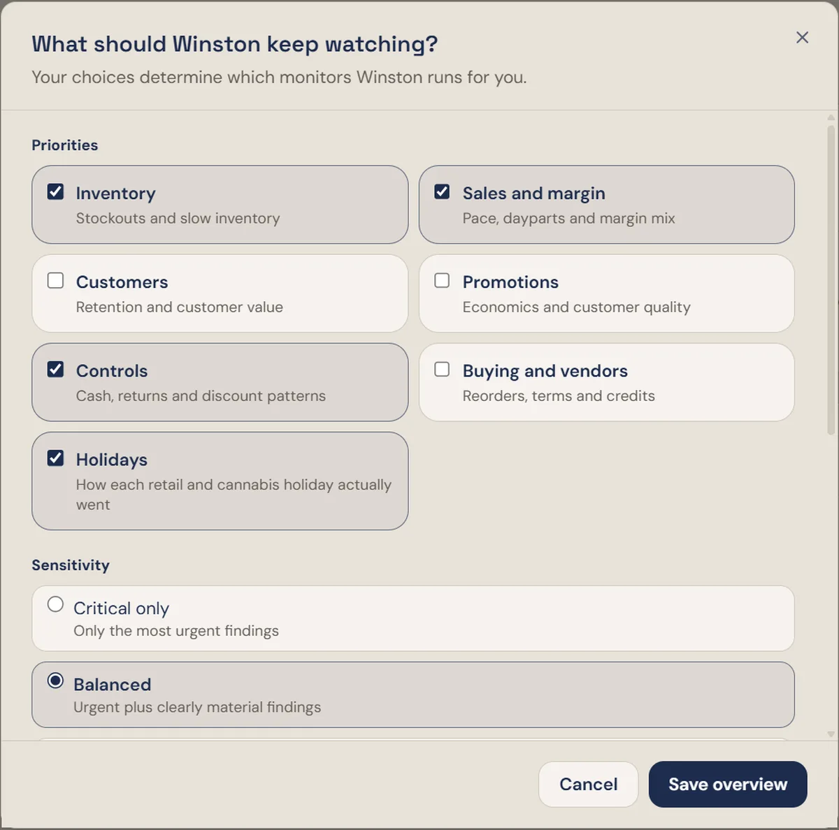 The monitoring settings panel: a list of monitoring areas with checkboxes, the sensitivity selector, the standing instructions note box, and Save overview and Cancel buttons