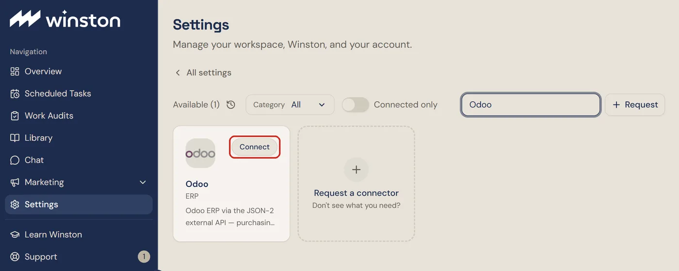 The Connections screen in Winston searched for Odoo, with the Odoo card's Connect button outlined