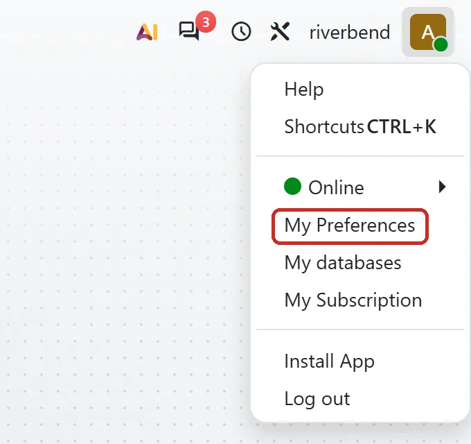 Odoo's user menu opened from the avatar in the top right corner, with My Preferences outlined