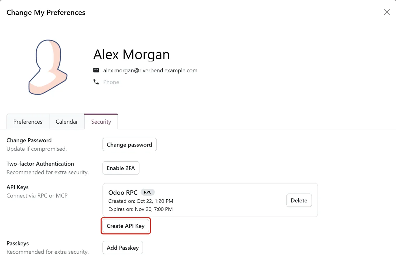 Odoo's Change My Preferences dialog on the Security tab, listing an existing RPC key under API Keys, with the Create API Key button outlined