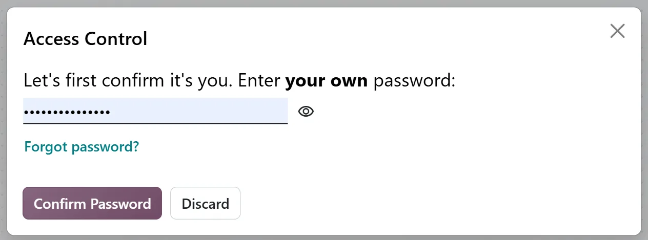 Odoo's Access Control dialog asking the user to confirm it is them by entering their own password