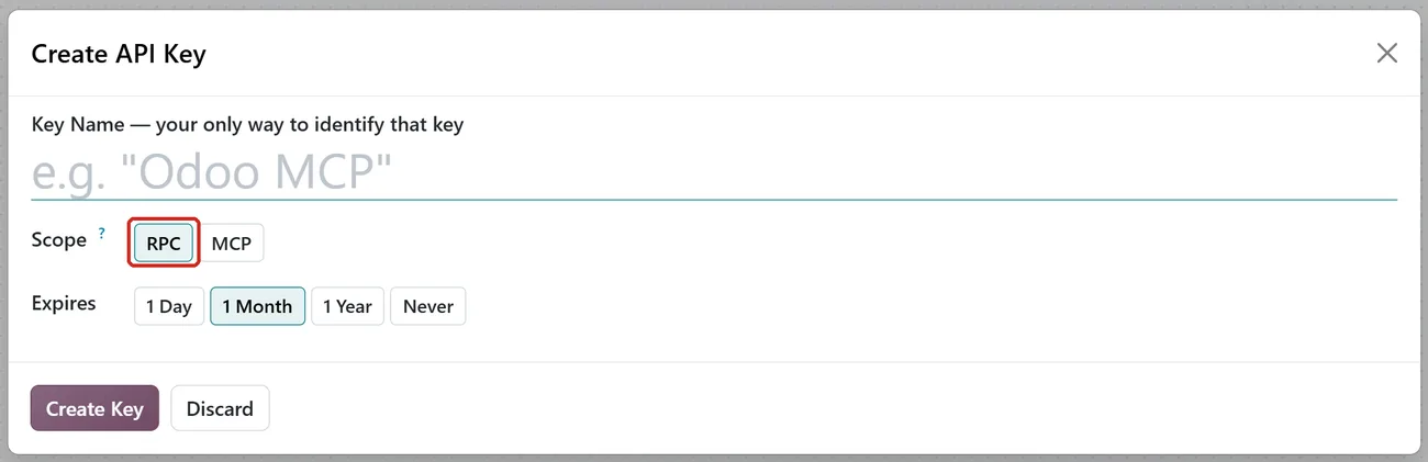 Odoo's Create API Key dialog with a Key Name field, Scope set to RPC (outlined) rather than MCP, and Expires options of 1 Day, 1 Month, 1 Year and Never