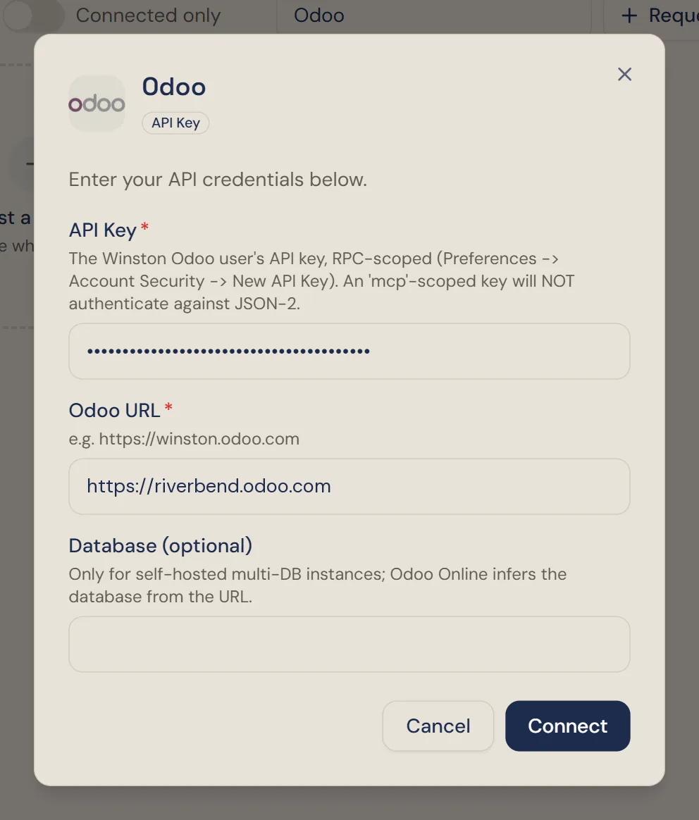 Winston's Odoo dialog with the API key pasted (shown as dots), the Odoo URL filled in as https://riverbend.odoo.com, and the Database field left empty