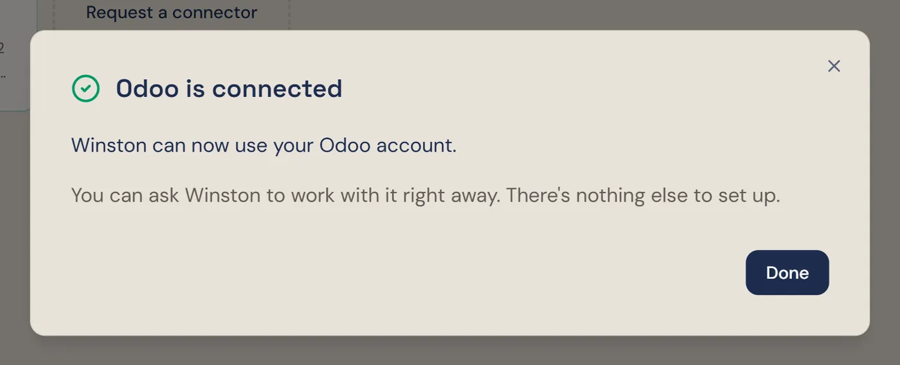 Winston's dialog headed Odoo is connected, saying Winston can now use your Odoo account, with a Done button