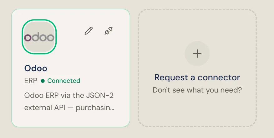 The Odoo card on the Connections screen with a green Connected badge and edit and disconnect icons