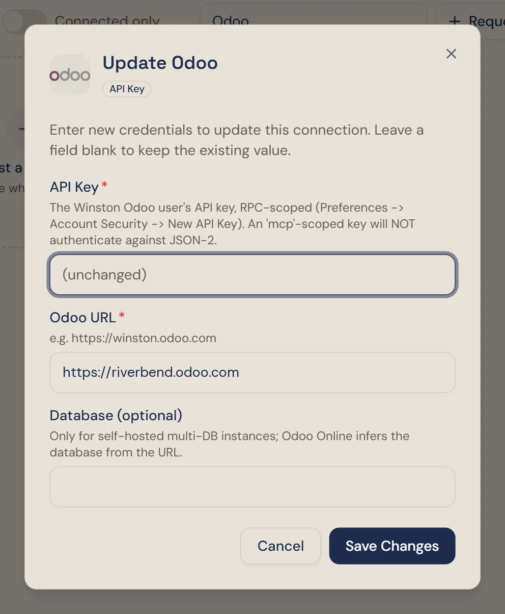 Winston's Update Odoo dialog, explaining that blank fields keep the existing value, with API Key, Odoo URL and Database fields