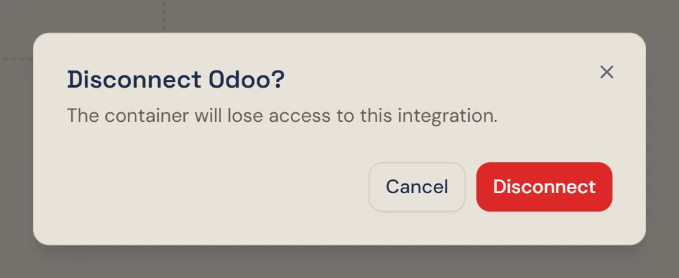 The confirmation dialog titled Disconnect Odoo?, with Cancel and Disconnect buttons