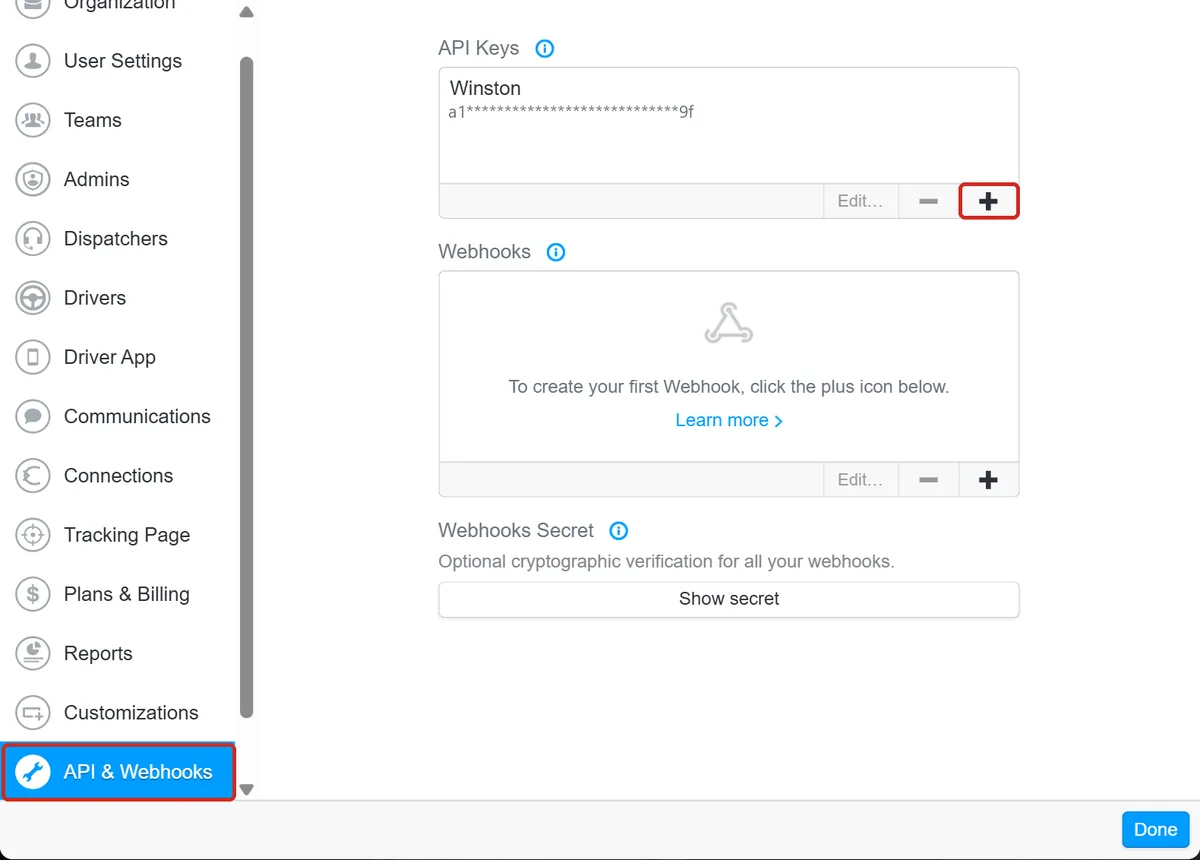 Onfleet's settings open at API & Webhooks, outlined in the menu, with a key named Winston listed under API Keys and the + below the list outlined