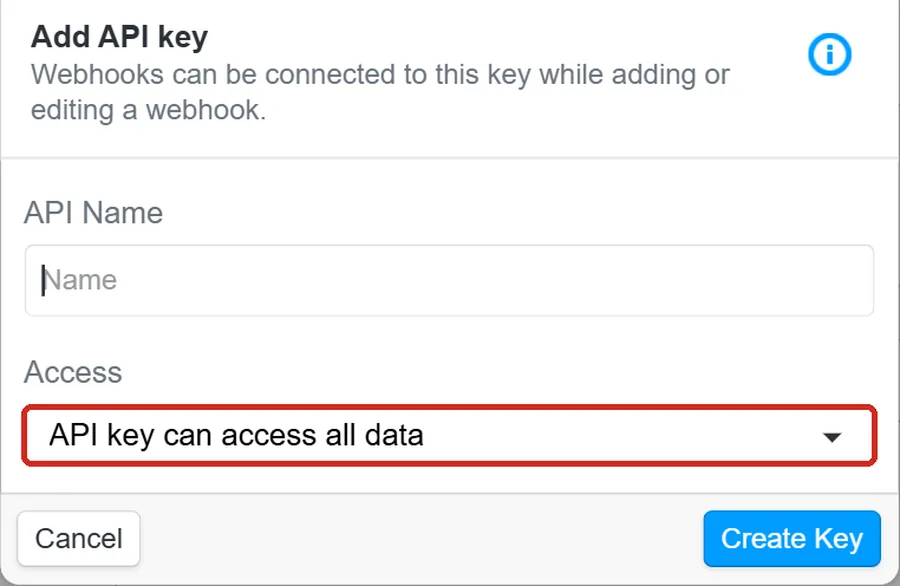 Onfleet's Add API key dialog with an API Name field and the Access choice API key can access all data outlined, and Cancel and Create Key buttons
