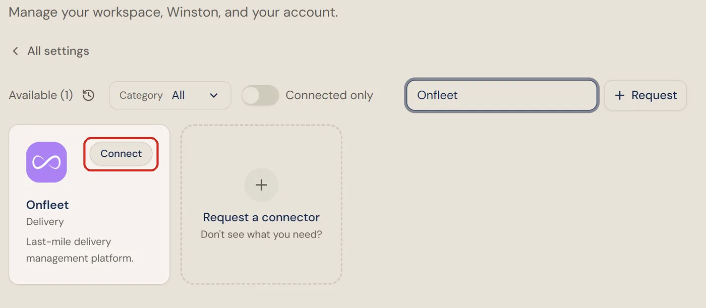 The Connections screen in Winston searched for Onfleet, with the Onfleet card's Connect button outlined