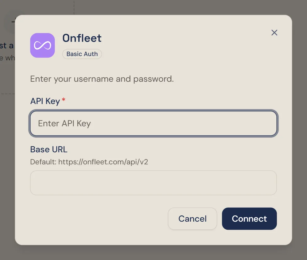 Winston's Onfleet dialog, badged Basic Auth, with a required API Key field and an optional Base URL field whose default is https://onfleet.com/api/v2