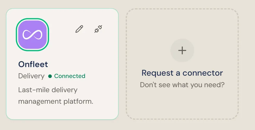 The Onfleet card on the Connections screen with a green Connected badge, a pencil icon and a plug icon