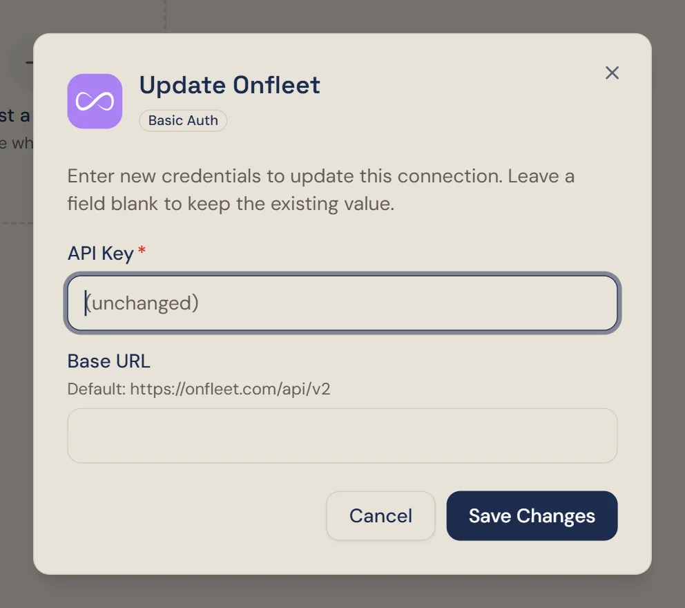 Winston's Update Onfleet dialog with API Key showing (unchanged), an empty Base URL, and Cancel and Save Changes buttons