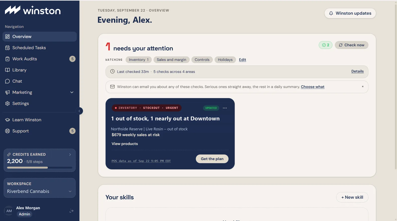 The Overview screen: a finding card with its headline, impact figure, source date and Get the plan action, above the monitoring summary with its Watching list, Edit control and Details link
