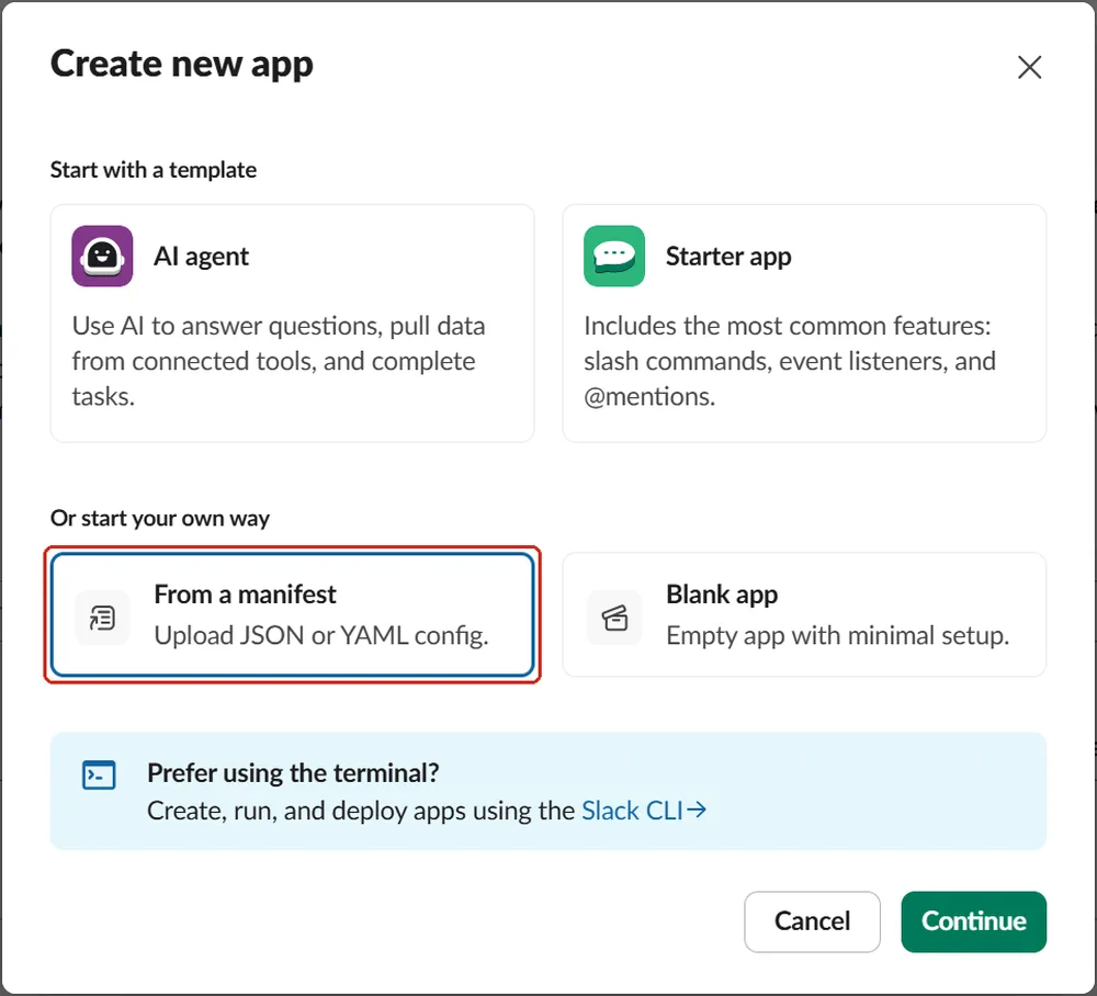 Slack's Create new app dialog, with the From a manifest option outlined