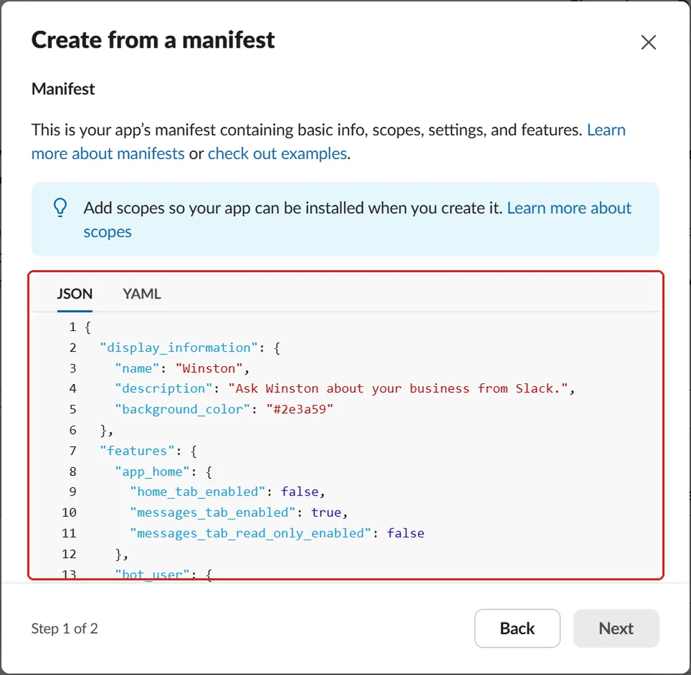 Slack's manifest step with the Winston manifest pasted into the JSON tab