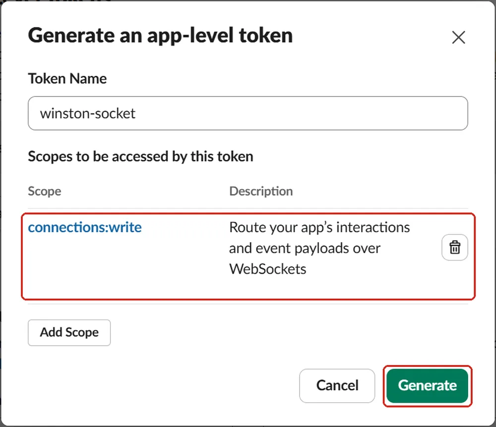 Slack's Generate an app-level token dialog with a token name and the connections:write scope added