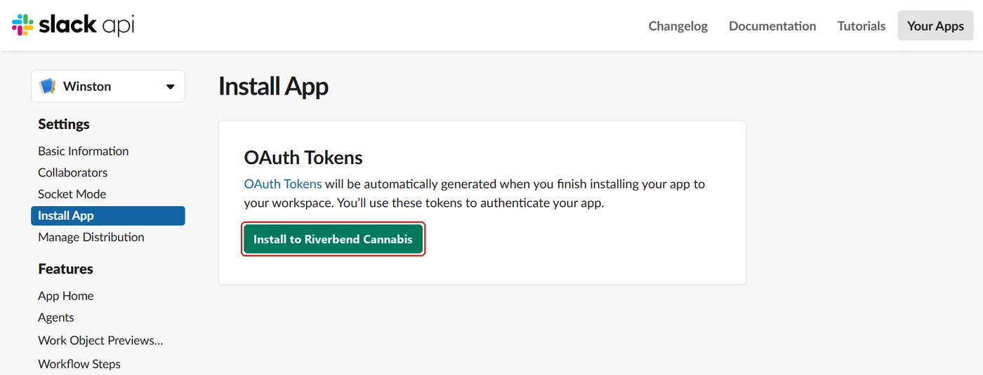 The Install App page in Slack with the Install to workspace button
